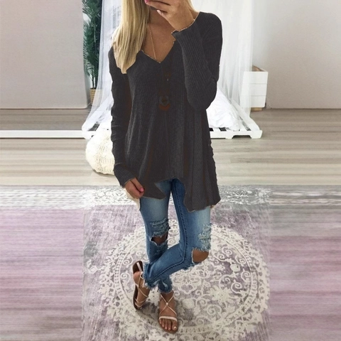 Women V-Neck Knit Sweater Waffle Ribbed Long Sleeve Pullover Irregular Hem Loose Casual Polyester Cotton Top