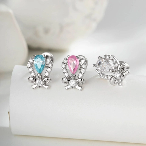 Copper Bow Knot Ear Cartilage Stud Pear Drop Zircon Micro Paved Piercing Jewelry Vintage Style For Women