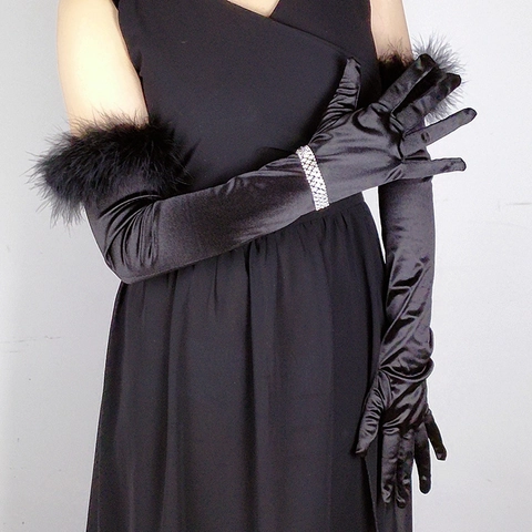 Vintage Lange Satingloves Für Damen Mit Künstlichen Federmanschetten Elegante Elastische Spandex Formelle Hochzeit Party Opernhandschuhe