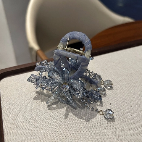 Kristall Blumen Haarklammer Mit Quastenanhänger Stoff Umwickelt Handgefertigt Französischer Stil Haaraccessoires