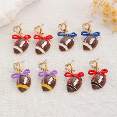 American Football Rugby Pendant Necklace Earrings Set Zinc Alloy Gold Plated Heart Bow Rhinestone Enamel Sporty Jewelry Women