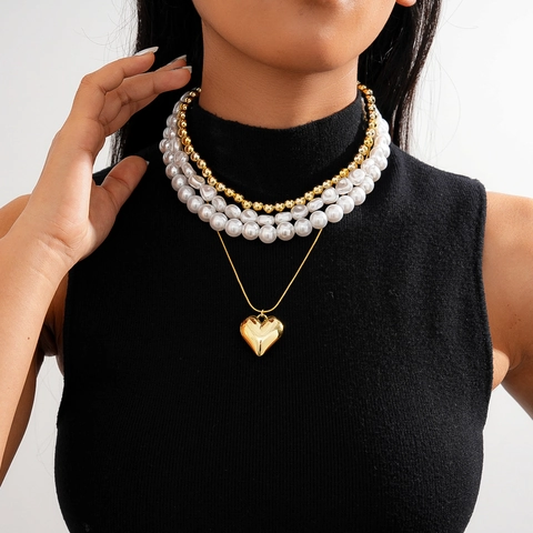 Collana A Strati Per Donna Elegante Perla Artificial Imitazione Barocca Künstliche Perle Multistrato Vintage Pendente Cuore Gioielli Regalo