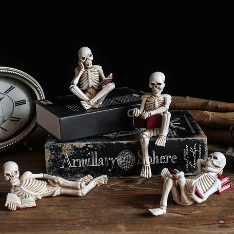 Skeleton Reading Figurines Resin Gothic Decor For Home Halloween Bar Atmosphere Vintage Style Desktop Craft Ornaments