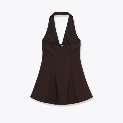 Halter Neck Mini Dress Acetate Satin Deep V Backless Double Layer Elegant Chic Party Sleeveless For Women