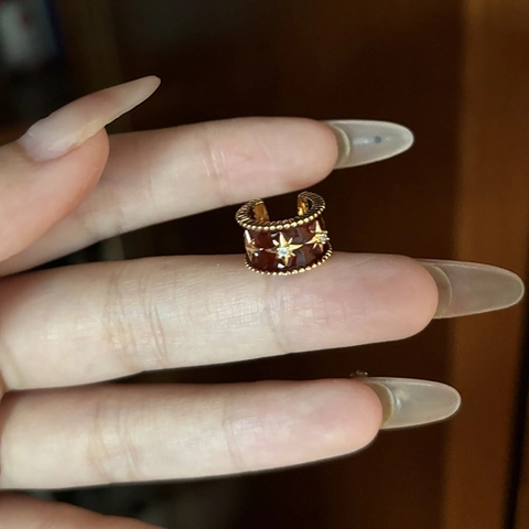 Vintage Star Zircon Copper Ear Cuff With Red Enamel Gold Plated Non Pierced Earring For Women