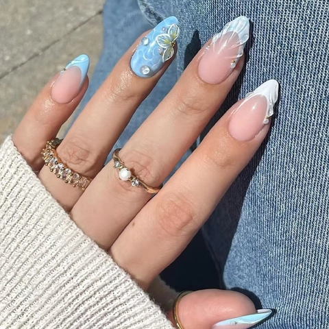 Uñas Postizas Almendra Larga Verano Ola Océano Flor Relieve 3D Concha Francés Diamantes Perla Artificial ABS Brillante Mujeres