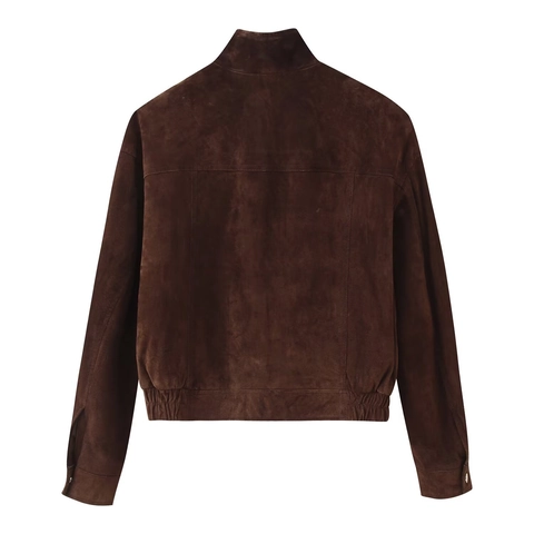 Women Suede Leather Jacket Stand Collar Long Sleeve Metal Buttons Solid Casual Streetwear Outerwear Pocket Coat