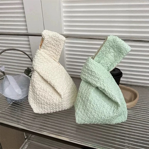 Geknotete Handgelenk Tasche Plissee Popcorn Stoff Mini Eimer Tasche Für Frauen Süße Lässige Alltag Rippen Textur