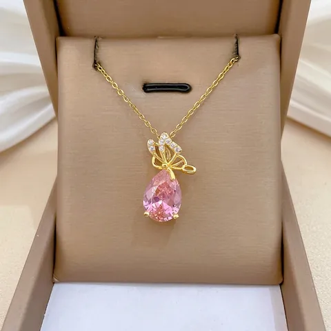 Butterfly Pendant Necklace For Women Elegant Gold Plated Copper With Pink Pear Zircon Stainless Steel Chain