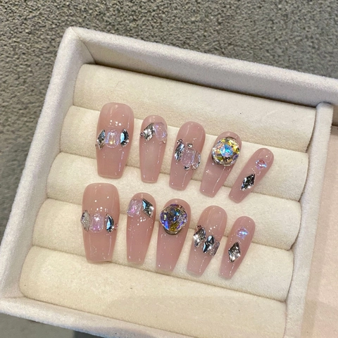 Coffin Press On Nägel Handgefertigt Aurora Pink Nude Jelly Strass Glitzer Funkelnd Maniküre Für Frauen