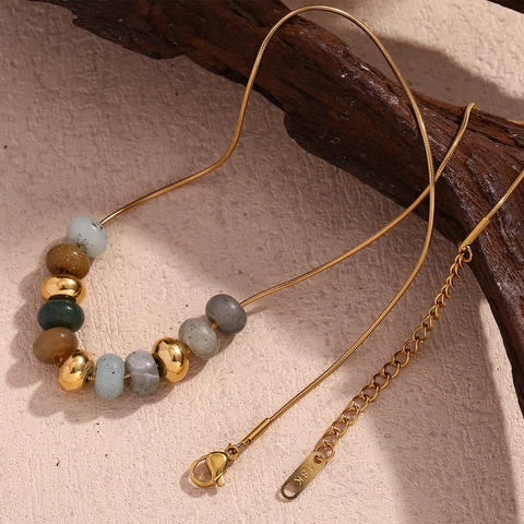 Edelstahl Vergoldete Schlangenkette Halskette Für Damen Naturstein Perlen Anhänger Geometrische Mode Pendler Schmuck