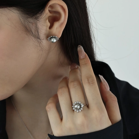 925 Sterling Silver Sunflower Jewelry Necklace Earrings Ring Gray Artificial Pearl Rhinestone Pendant For Women Wedding Party