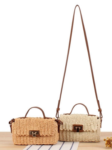 Women Woven Crossbody Bag Paper Rope Small Square Shoulder Bag With PU Strap Metal Lock For Summer Beach Vacation