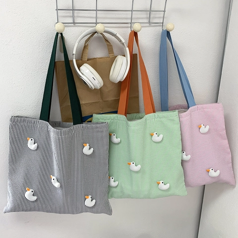Simpatica Borsa Tote In Tela A Righe Con Decorazioni Di Anatra Grande Capacità Borsa A Tracolla Per Donne E Studenti Stile Kawaii