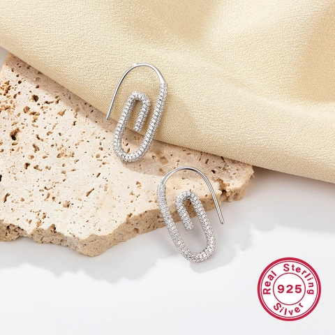 Luxus 925 Sterlingsilber Büroklammer Creolen Für Damen Personalisierte Geometrische Zirkonia Eingelegt U-Förmiger Modeschmuck