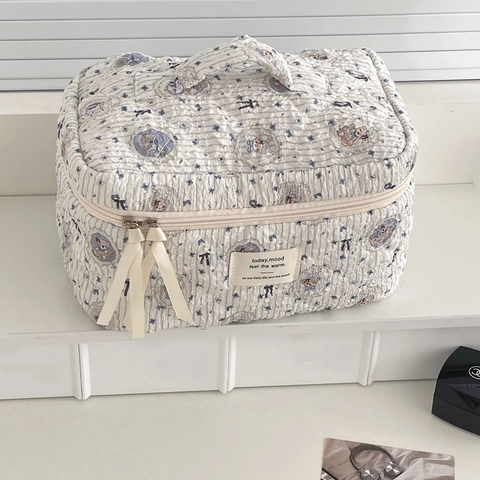 Quilted Cotton Cosmetic Bag Cute Bear Floral Portable Makeup Organizer Travel Toiletry Wash Storage Pouch Ribbon Zipper