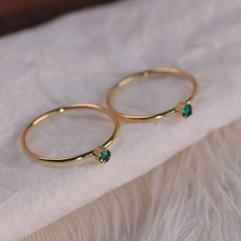 Minimalist Stainless Steel Ring Gold Plated Thin Band Single Round Green Gemstone Dainty Jewelry For Women