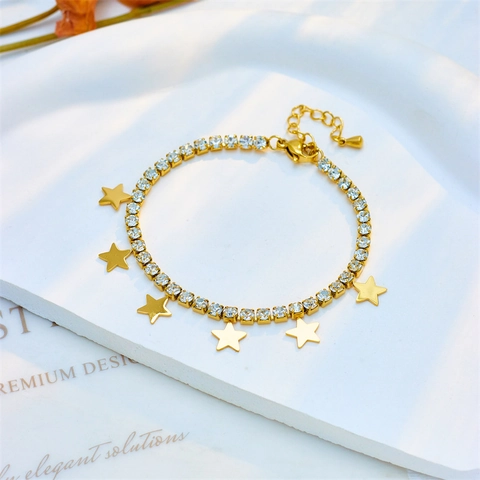 Collana Bracciale Stella in Acciaio al Titanio di Lusso Placcato Oro Strass Pendente Pentagramma Gioielli Moda Donna