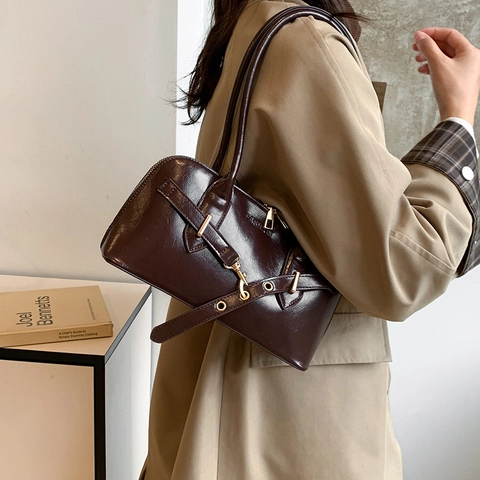 Retro Glossy PU Leather Underarm Bag For Women Large Capacity Tote Shoulder Bag Gold Hardware Commuter Zipper Handbag