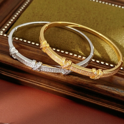 Elegant X Shape Cross Bangle Copper Cubic Zirconia Micro Pave Gold And Silver Plated Fashion Jewelry For Women