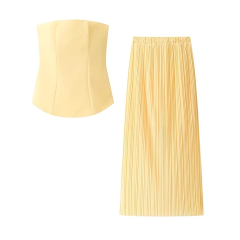 Women Two Piece Set Strapless Tube Top And Pleated Maxi Skirt High Waist Polyester Casual Streetwear Solid Color Outfit