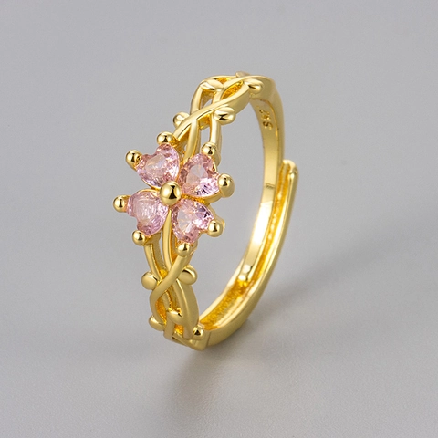 Vintage Copper Clover Vine Adjustable Ring For Women Micro Inlaid Zirconia Fashion Open Finger Ring Jewelry Gift