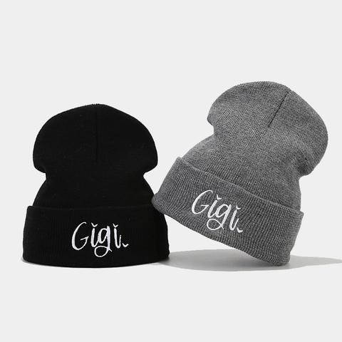 Gigi Letter Embroidery Beanie Hat Acrylic Knitted Cuffed Ribbed Cap Winter Warm Windproof Solid Color Chic For Women