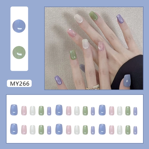 Cat Eye Press On Nails Jelly Transparent Colorful Short Square False Nails ABS Plastic Shimmer Manicure For Women Girls