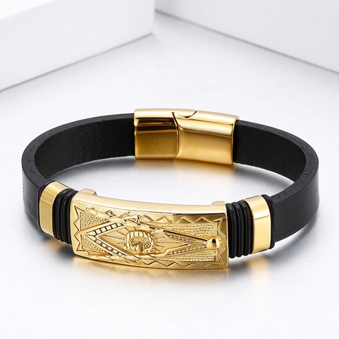 Bracelet Maçonnique Pour Homme Cuir Acier Inoxydable Plaqué Or Symbole Franc Maçonnerie Bijoux Punk Hip Hop Bangle