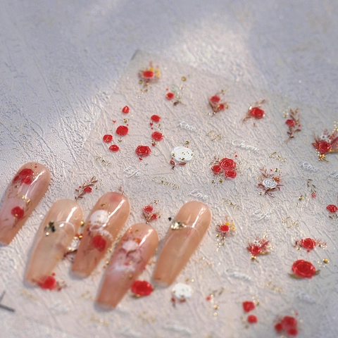 Adesivi Per Unghie Rilievo 5D Rosa Rossa Bianca Fiore Doratura 3D Autoadesivo Decorazione Manicure Fai Da Te