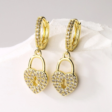 Zircon Heart Lock And Evil Eye Drop Earrings Copper 18K Gold Plated Fashion Elegant Jewelry For Women