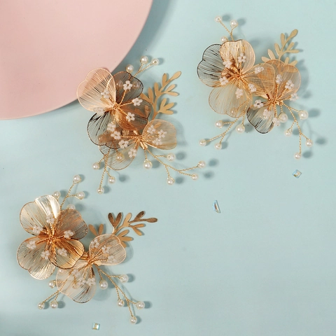 Handmade Hollow Flower Leaf Hair Clips With Imitation Artificial Pearls Gold Tone Wedding Bridal Accessories For Women