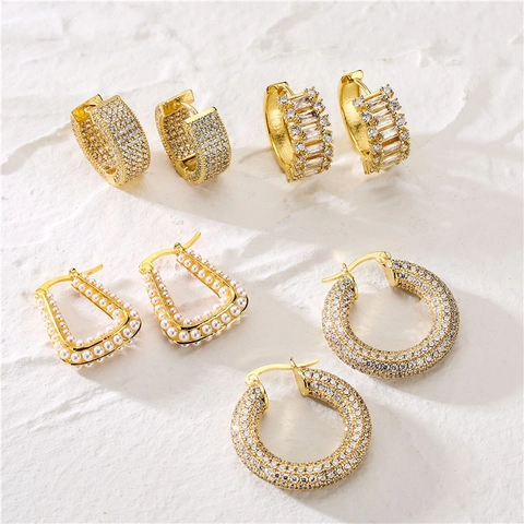 Luxe Dames Koperen Hoop Oorbellen Met Zirconia En Kunstparel Geometrische Vergulde Woon-Werkverkeer Mode Sieraden