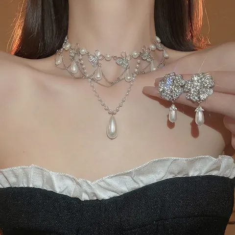 Rhinestone Flower Butterfly Imitation Artificial Pearl Necklace Bracelet Earrings Jewelry With Silver Earring Post French Style