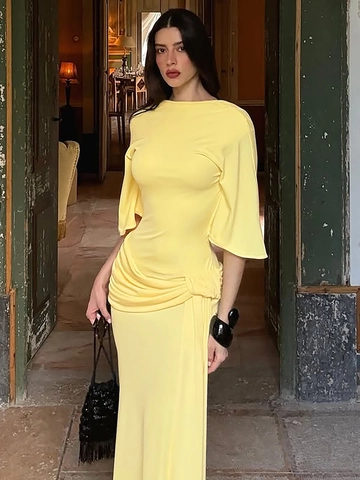 Elegante Abito Lungo Schiena Scoperta Per Donna Stile Francese Arricciato Poliestere Spandex Girocollo Maniche A Volant Design