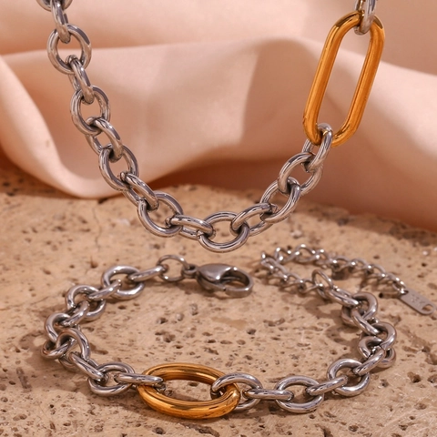 Grobe O-Kette Bicolor Halskette Armband Edelstahl 18K Vergoldet Büroklammer Glied Minimalistischer Industrieschmuck Damen