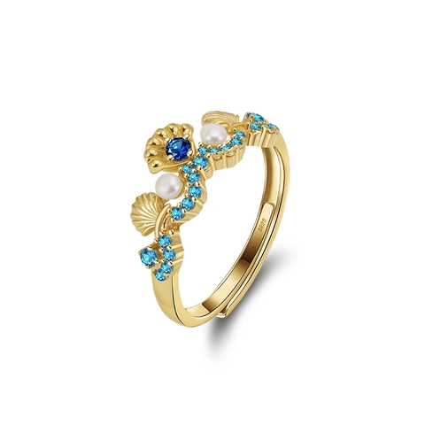 S925 Sterling Silver Shell Open Ring For Women Freshwater Pearl Blue Zirconia Ocean Style Adjustable Fashion Finger Jewelry