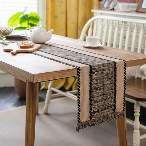 Table Runner Woven Jute Cotton Splicing Contrast Color Boho Style With Tassels For Dining Room Home Decoration