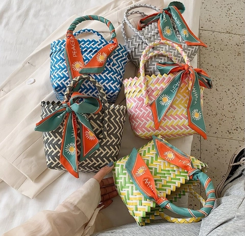 Woven Handbag Straw Style Basket Bag With Floral Satin Scarf Decor Summer Beach Vacation Portable Small Tote For Women