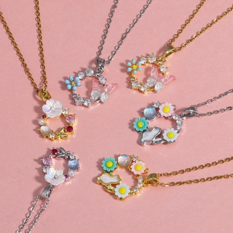 Collar Con Colgante De Corona De Flores Mariposa Conejo Circón Esmalte Perla Artificial Joyería Pastoral Dulce Para Mujer Cadena De Aleación
