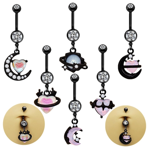Gothic Black Zinc Alloy Belly Ring Heart Moon Planet Design Rhinestone Inlaid Piercing Jewelry For Women Cool Style