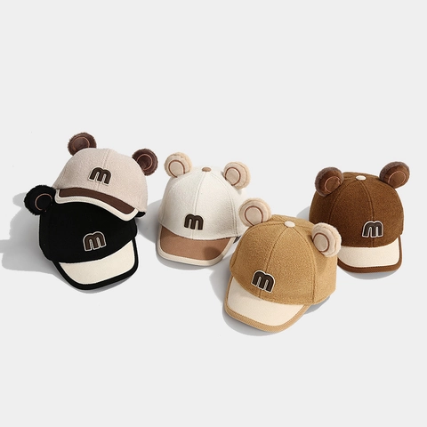 Casquette De Baseball Enfants Oreilles D'ours Polaire Velours Côtelé Hiver Chaud Color Block Bébé Lettre M