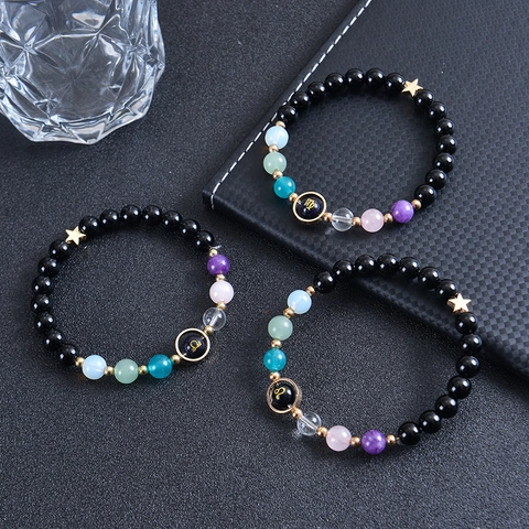 Bracciale Perline Segno Zodiacale Pietra Naturale Ossidiana Pietra Arena Blu Lega Stella Gioielli Regolabile Donne Uomini