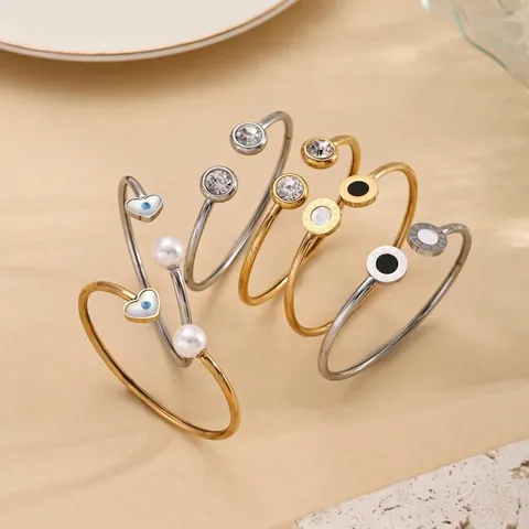 Brazalete Abierto Ojo Turco Corazón Perla Artificial Acero Inoxidable Números Romanos Geométrico Minimalista Retro Pulsera Mujer