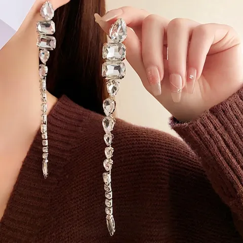 Orecchini Lunghi A Nappa Con Strass Goccia D'acqua Perno In Argento Rame Gioielli Di Lusso Donna