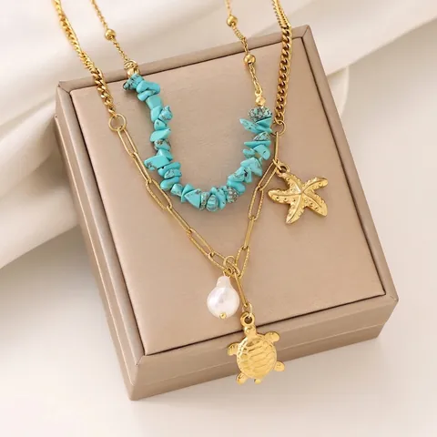 Collana a Doppio Strato in Acciaio Inossidabile da Donna Con Ciondolo a Stella Marina Tartaruga Perla Artificiale Turchese