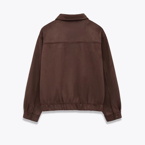 Women Faux Suede Jacket Zip Up Turn Down Collar Casual Streetwear Coat With Pockets Solid Coffee