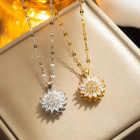 Collana Ciondolo Girasole Rotante Acciaio Inossidabile Strass Margherita Rotante Gioielli Per Donna Elegante Moda