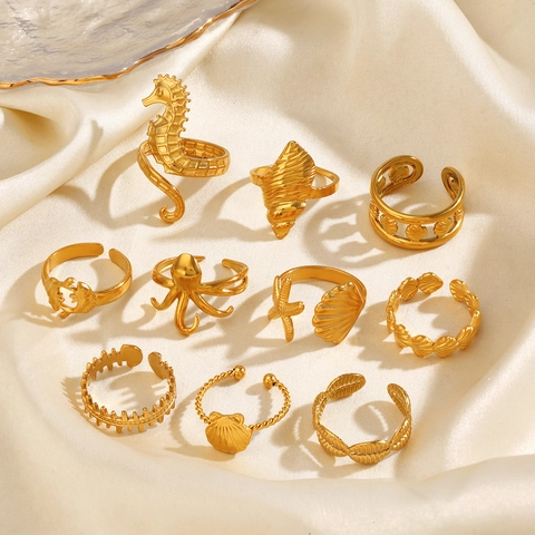 Edelstahl Ozean Thema Ring Vergoldet Offen Verstellbar Seepferdchen Muschel Seestern Strandurlaub Schmuck Für Damen