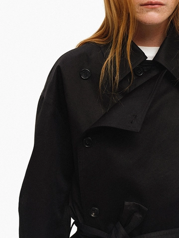 Women Short Trench Coat Jacket Pure Cotton Double Breasted Lapel Collar Waist Belt Long Sleeve Casual Loose Outerwear